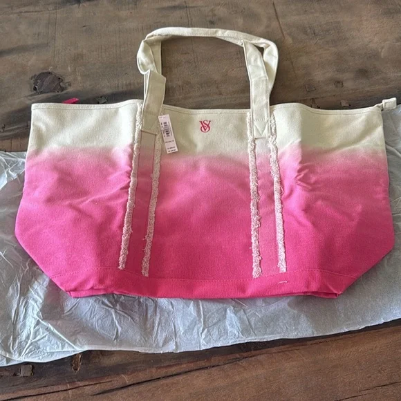 NWT Victoria’s Secret Ombré Beach Tote Bag Pink & Cream Canvas - Picture 6 of 6